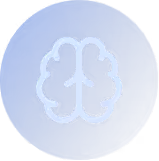 White brain icon on a blue circular background.