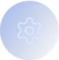 White gear icon on a blue circular background.