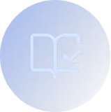 Blue circular icon with a white open book and a check mark inside.