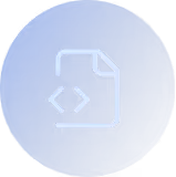 White code file icon with angled brackets on a blue circular background.