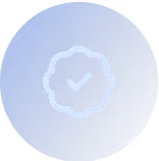 White checkmark inside a round-edged badge on a blue circular background.