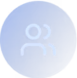 White icon of two user silhouettes on a blue circular background.