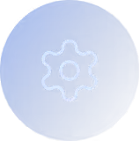 White gear icon centered on a blue circular button.