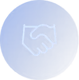 White handshake icon on a blue circular button.
