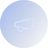 White megaphone icon on a blue circular button.