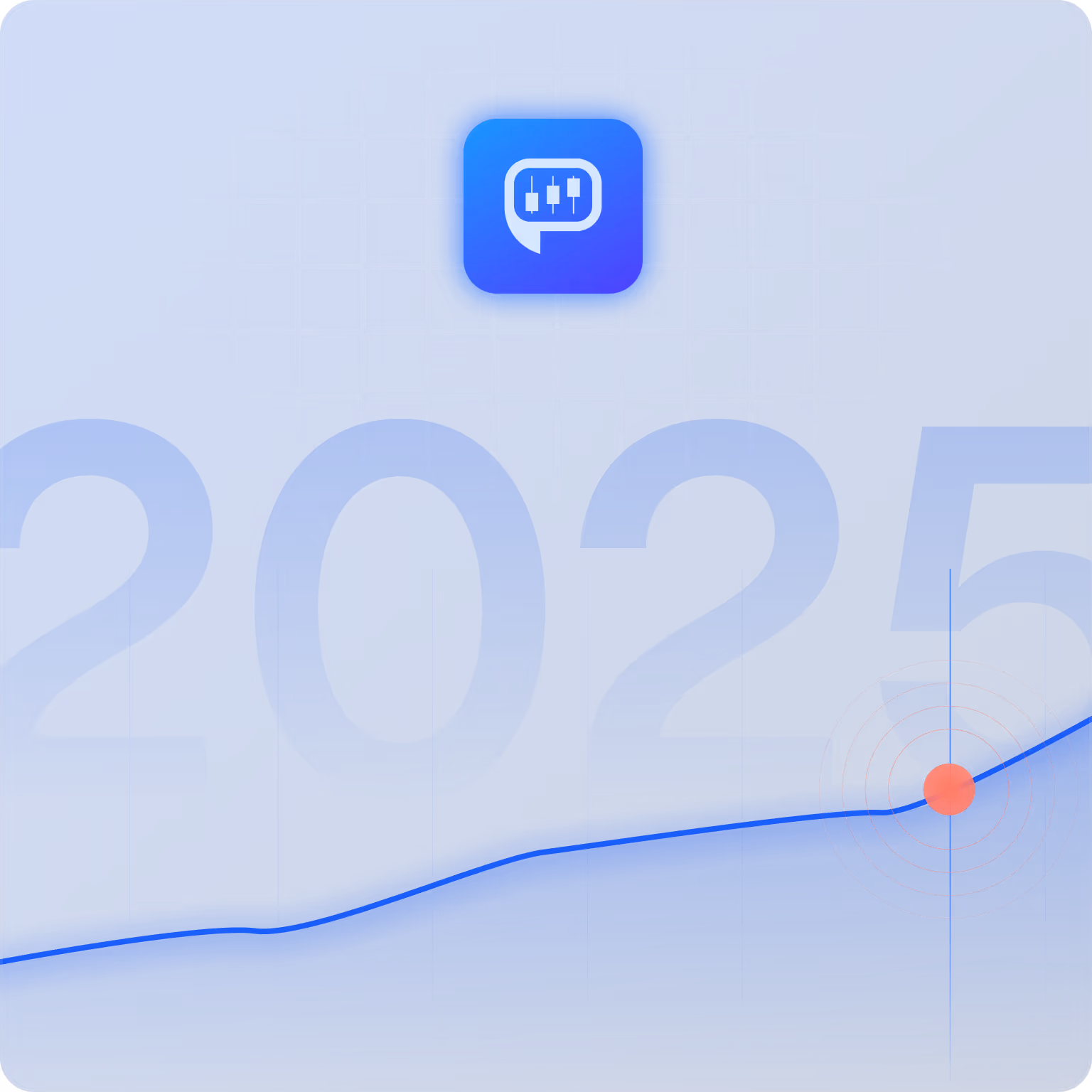 Blue digital background with faint grid, large 2025 numbers, a bright chat icon with sliders, and a red target point on a rising line graph.