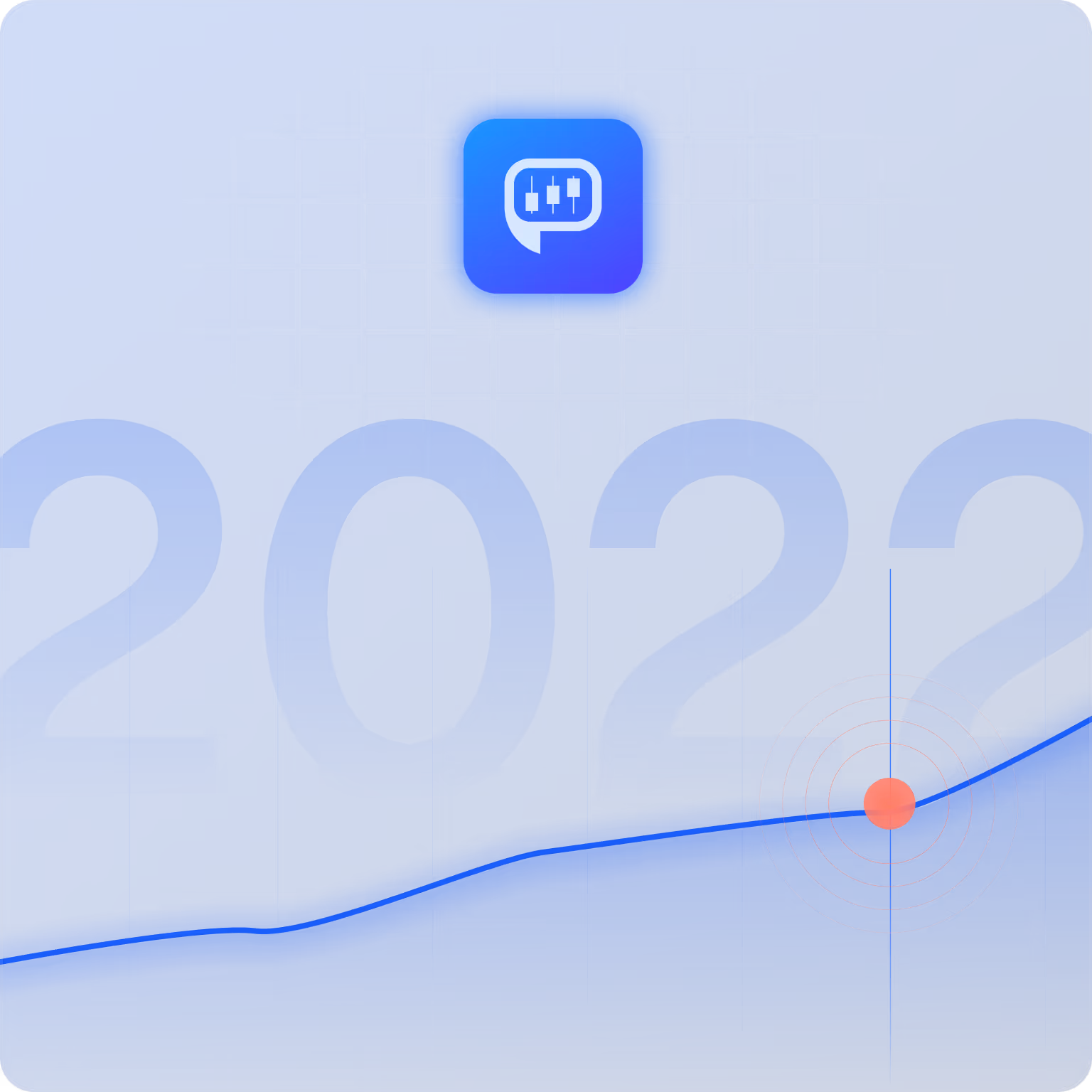 Blue background with faint 2022 numbers, a grid pattern, a glowing app icon with trading candlesticks, and a red circular target on a rising graph line.