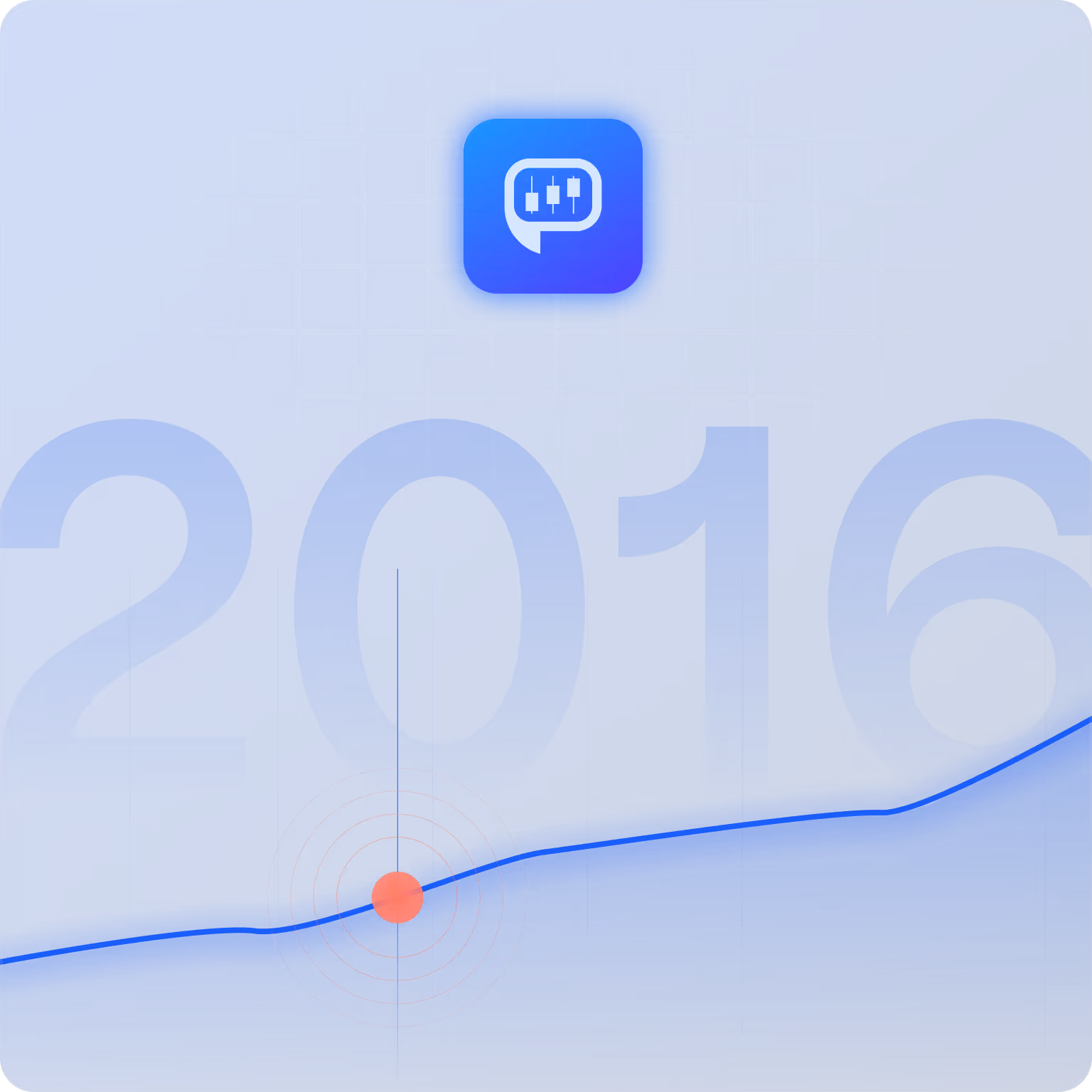 Blue square graphic with large translucent 2016 numbers, a glowing app icon with candlestick chart, and a red dot with concentric circles on a rising blue line graph.