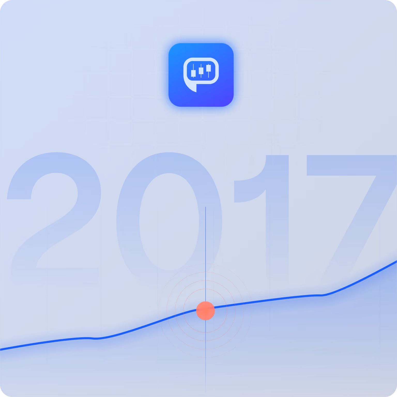 Blue background with 2017 in large transparent numbers, a glowing app icon with sliders above, and a red concentric circle target below.