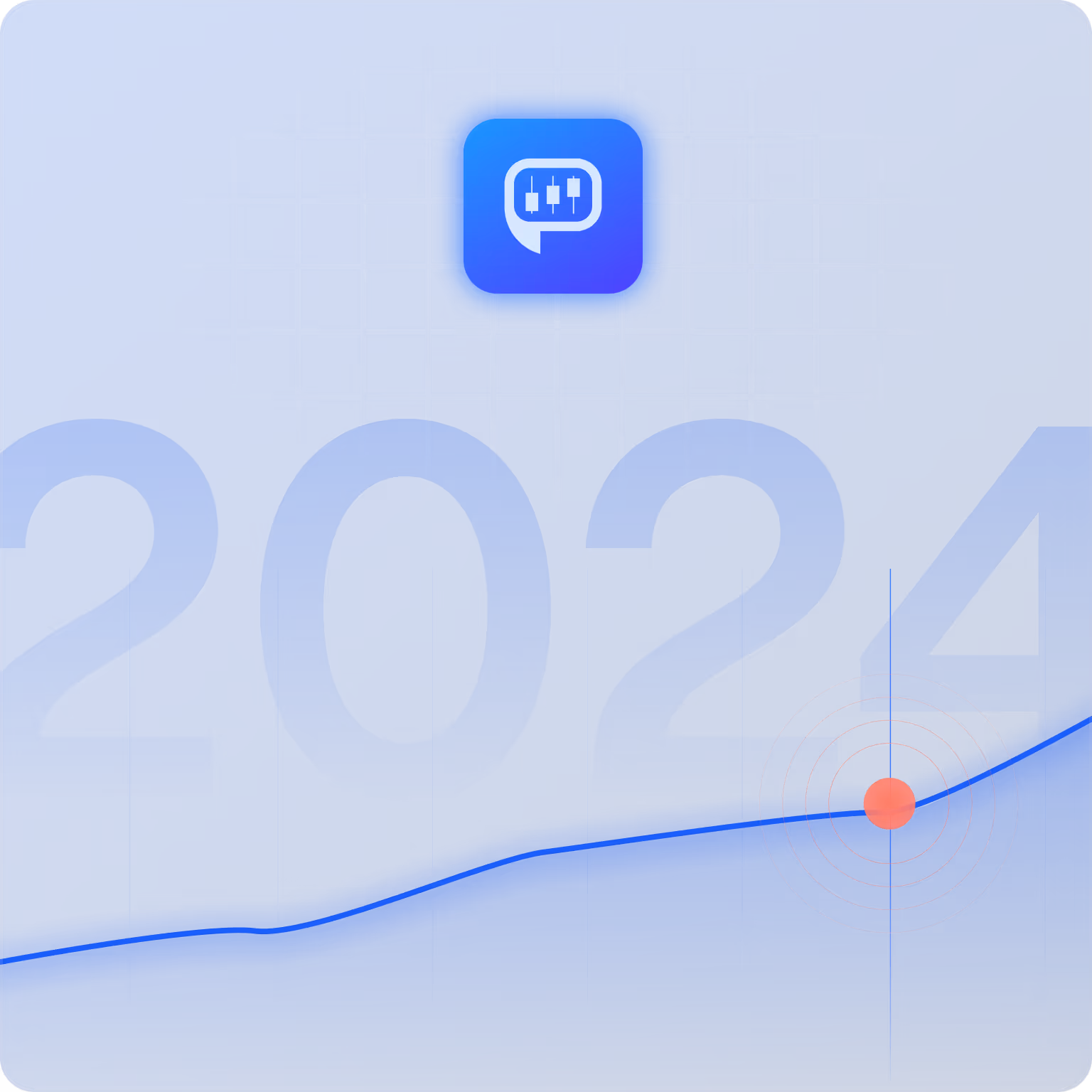 Blue background with a glowing app icon above a grid and the year 2024 faintly visible, featuring a rising line graph with a red target point.