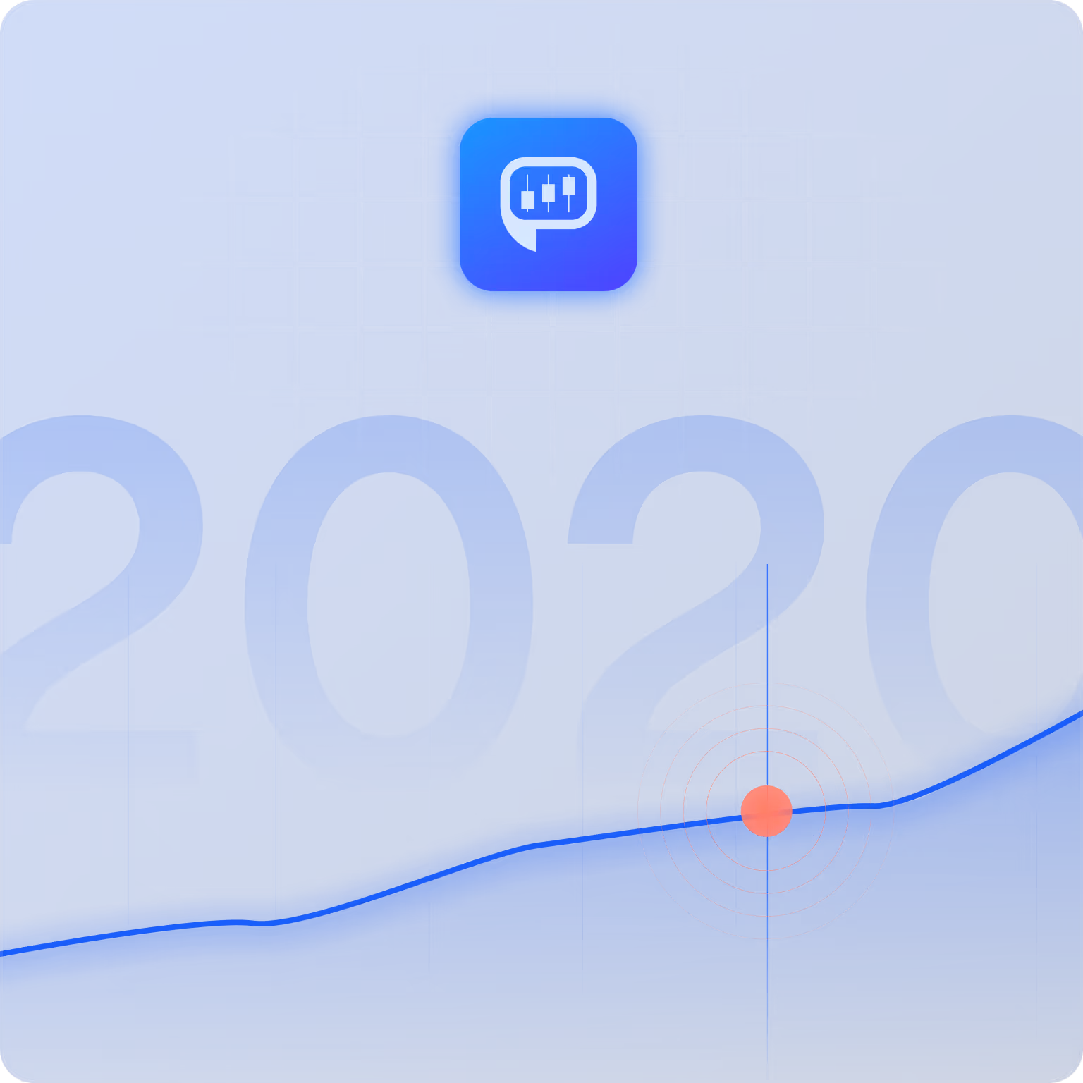 Blue background featuring faint grid and large numbers '2020' with a glowing app icon and red target dot on a wave line.