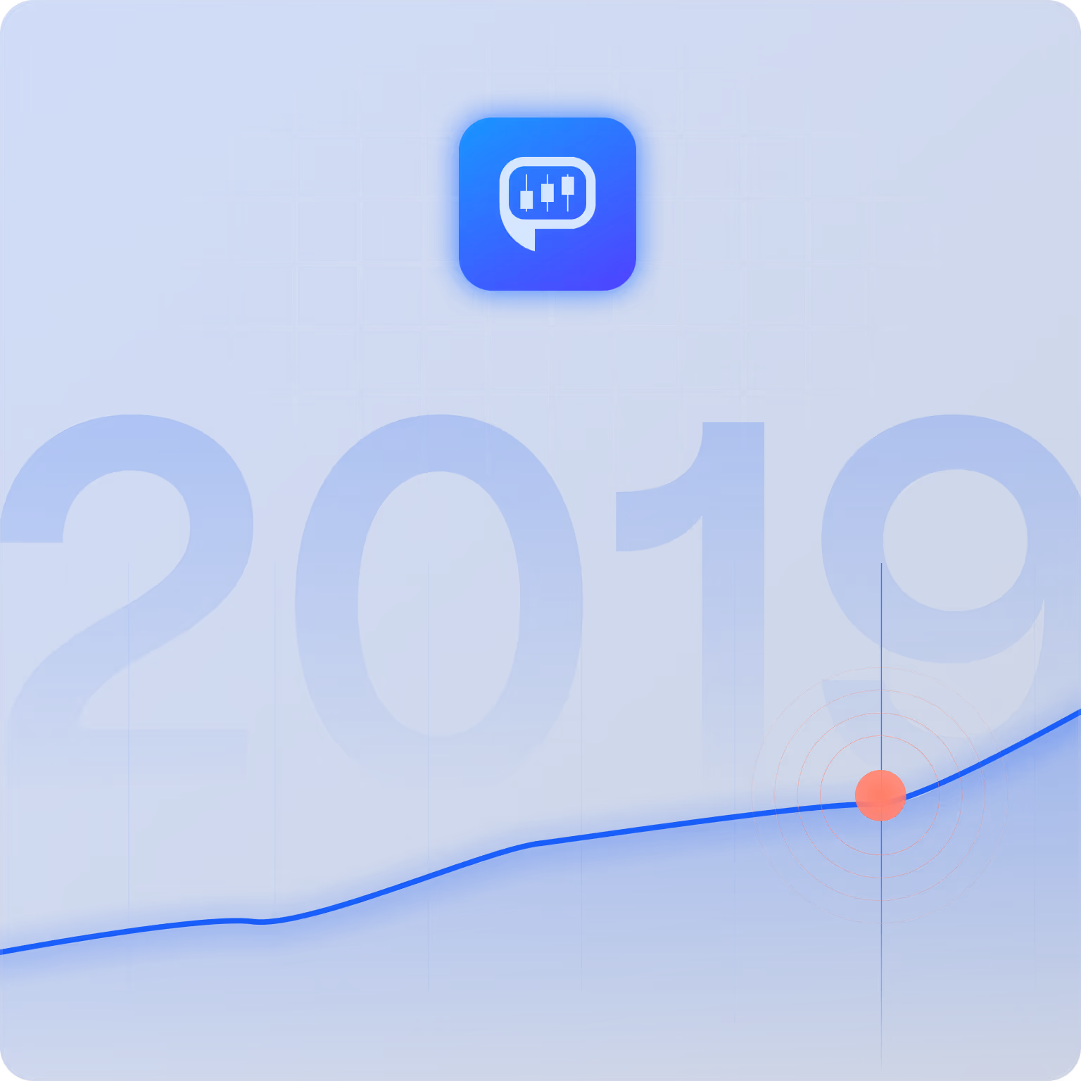 Blue background with faint 2019 text, a glowing app icon with sliders, and an orange dot with concentric circles on a rising line graph.
