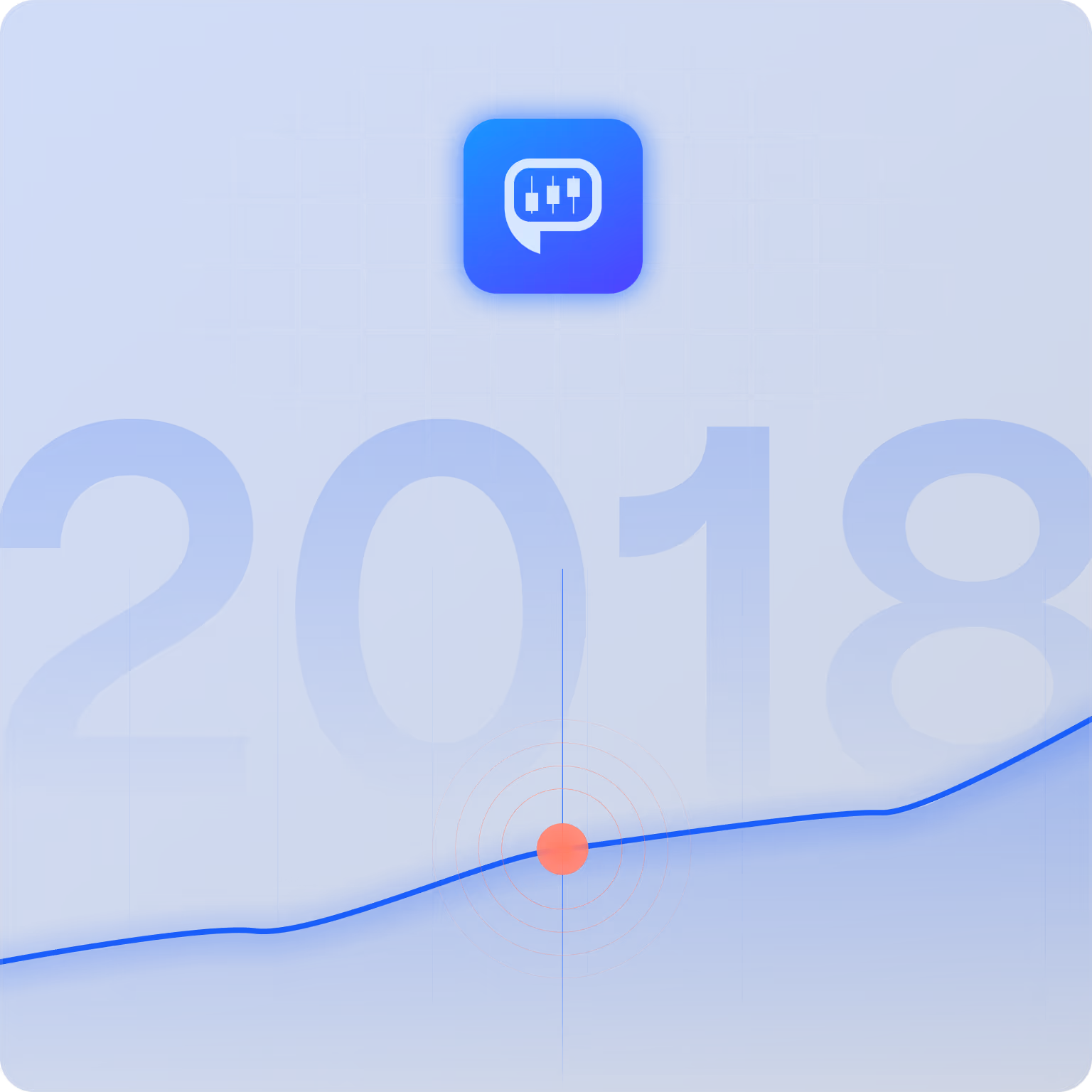 Blue background with the year 2018 in large numbers, an upward trending line graph, and a glowing chart icon above.