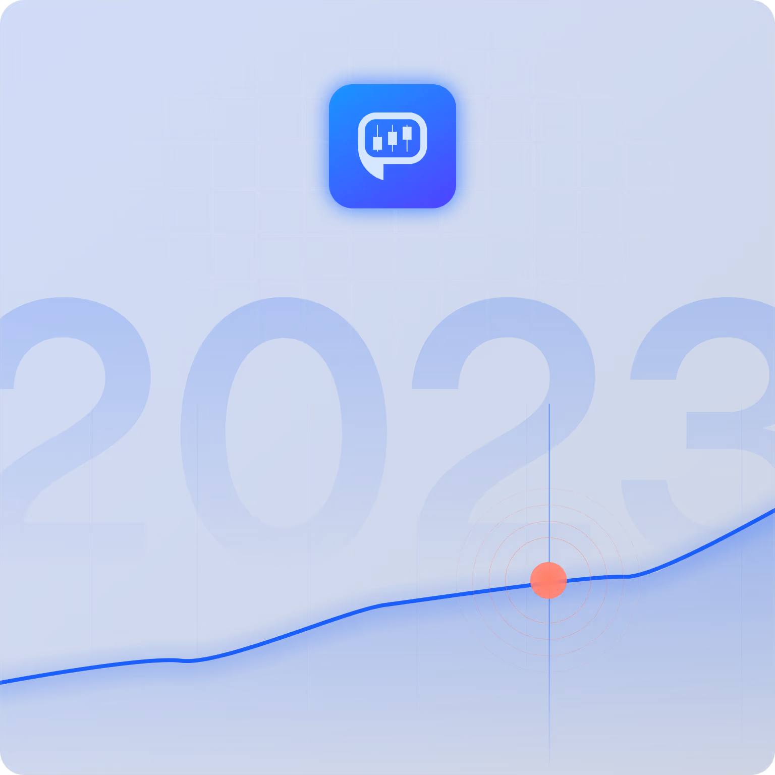 Blue-themed graphic with the year 2023 in large numbers, a glowing app icon with sliders at the top center, and an orange dot with concentric circles near the bottom right.