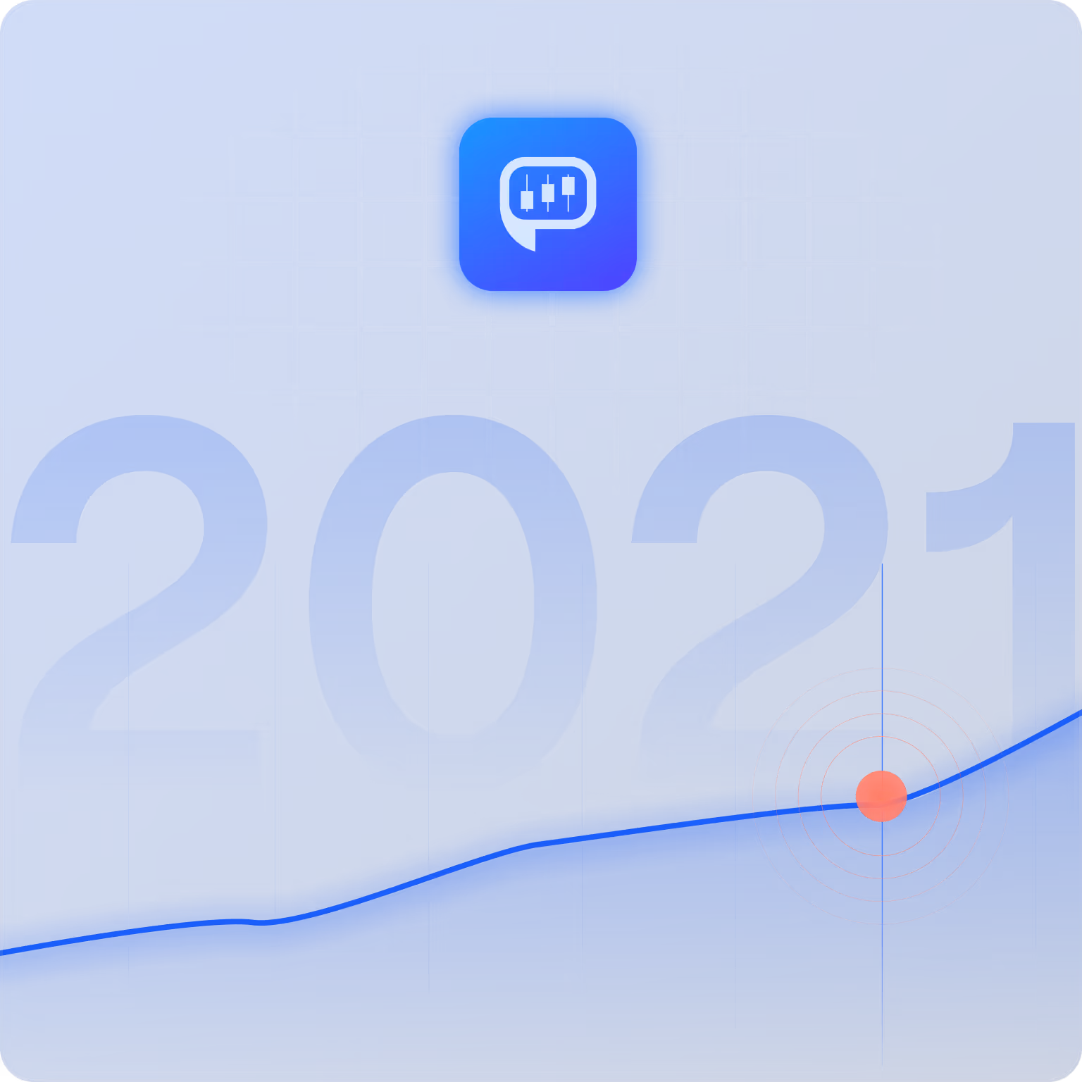 Blue abstract graphic with a grid, the year 2021 in large numbers, a rising line graph, and a speech bubble icon with sliders at the top.