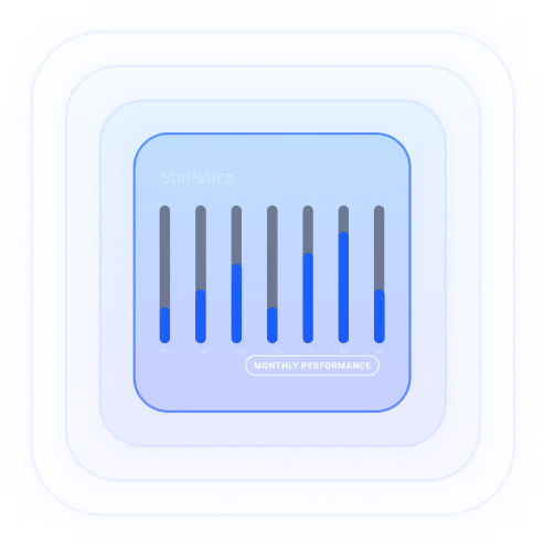 Blue statistical bar graph showing daily monthly performance from Monday to Sunday.