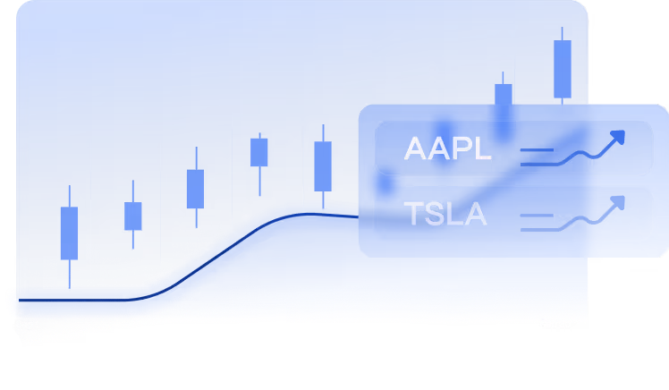 Blue candlestick stock chart showing price movements with labels for AAPL and TSLA stocks.