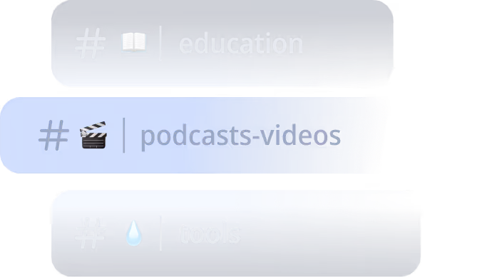 Three blue rectangular tabs with hashtags and icons labeled education, podcasts-videos, and tools.