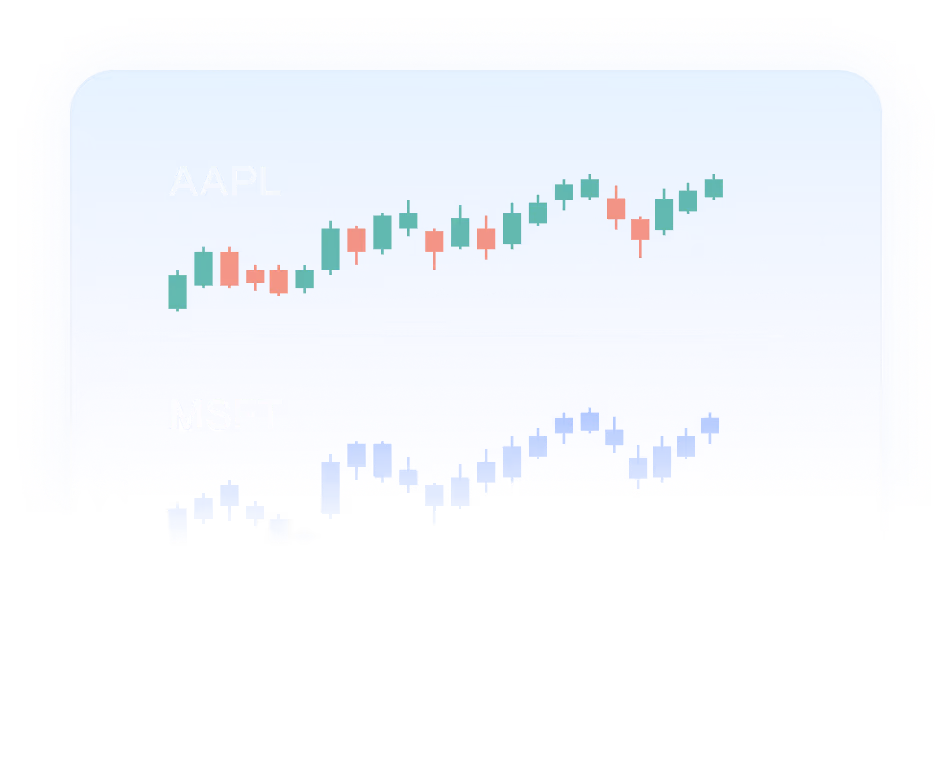 Candlestick chart showing upward trend for AAPL stock and downward trend for MSFT stock on a blue background.