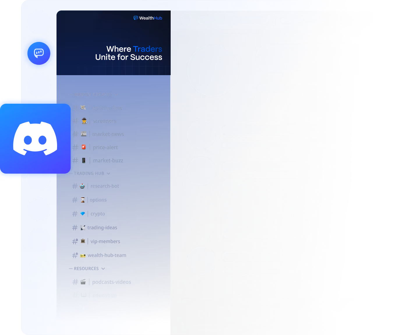 Discord interface showing WealthHub server with channels for market updates, trading hub, and resources under the tagline 'Where Traders Unite for Success'.
