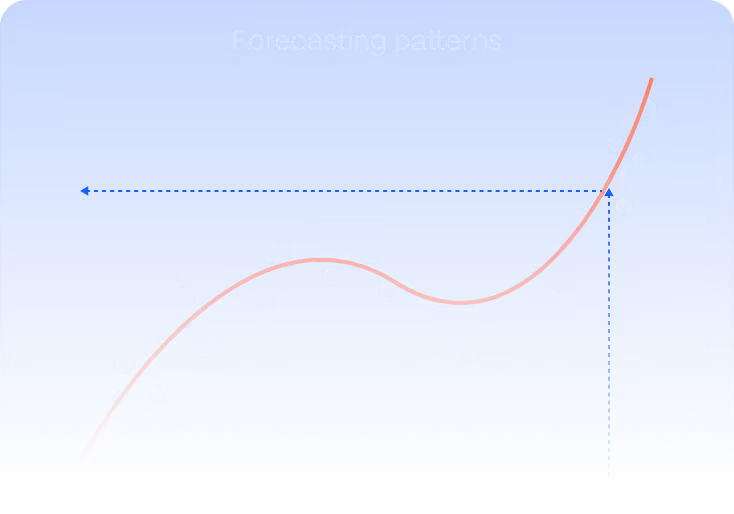 Scatter plot with light blue data points and a smooth red trend line illustrating forecasting patterns on a blue background.
