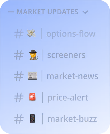 List of market updates channels including options-flow, screeners, market-news, price-alert, and market-buzz with corresponding emojis.