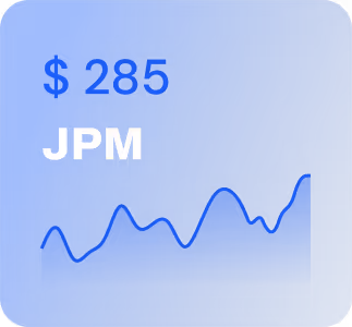 Blue square with white text 'JPM' and a faint line graph in the background.