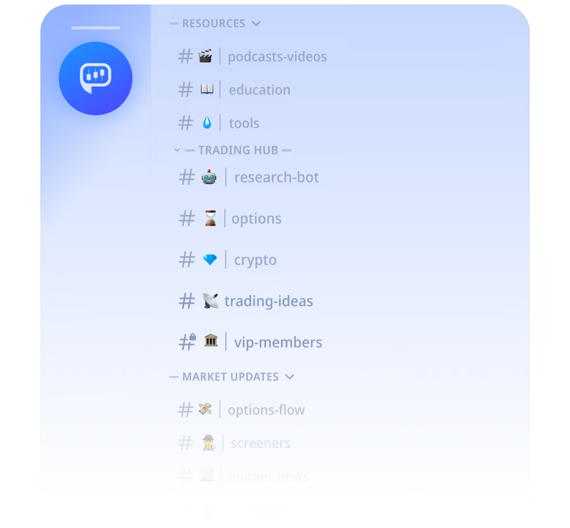 Sidebar menu showing categories and channels including Resources with podcasts-videos, education, tools; Trading Hub with research-bot, options, crypto, trading-ideas, vip-members; and Market Updates with options-flow, screeners, and market-news.