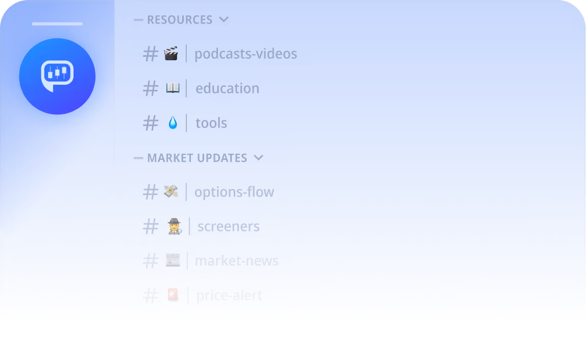 Chat interface sidebar showing resource and market updates channels including podcasts-videos, education, tools, options-flow, screeners, market-news, and price-alert.