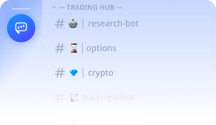 Chat interface showing a trading hub with channels: research-bot, options, crypto, and trading-ideas, each with a related emoji.