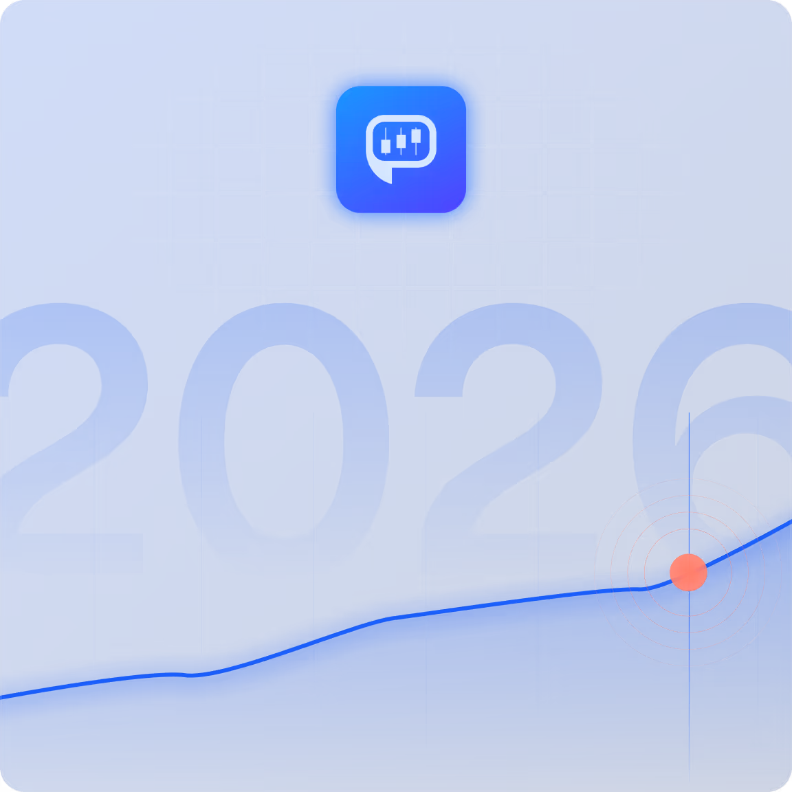 Blue financial graph with a rising trend line ending in an orange target dot and 2026 in large transparent numbers.