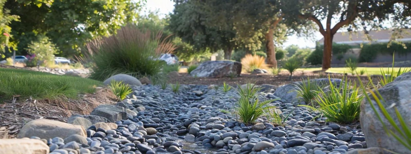 Dry creek bed featuring smooth stones, decorative grasses, and surrounding landscaping, illustrating effective drainage solution for homeowners.