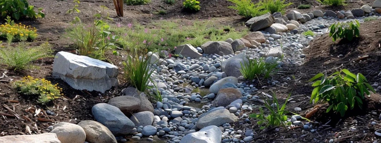 Dry creek bed featuring river rocks, boulders, and native plants, illustrating a natural drainage solution in a landscaped yard.