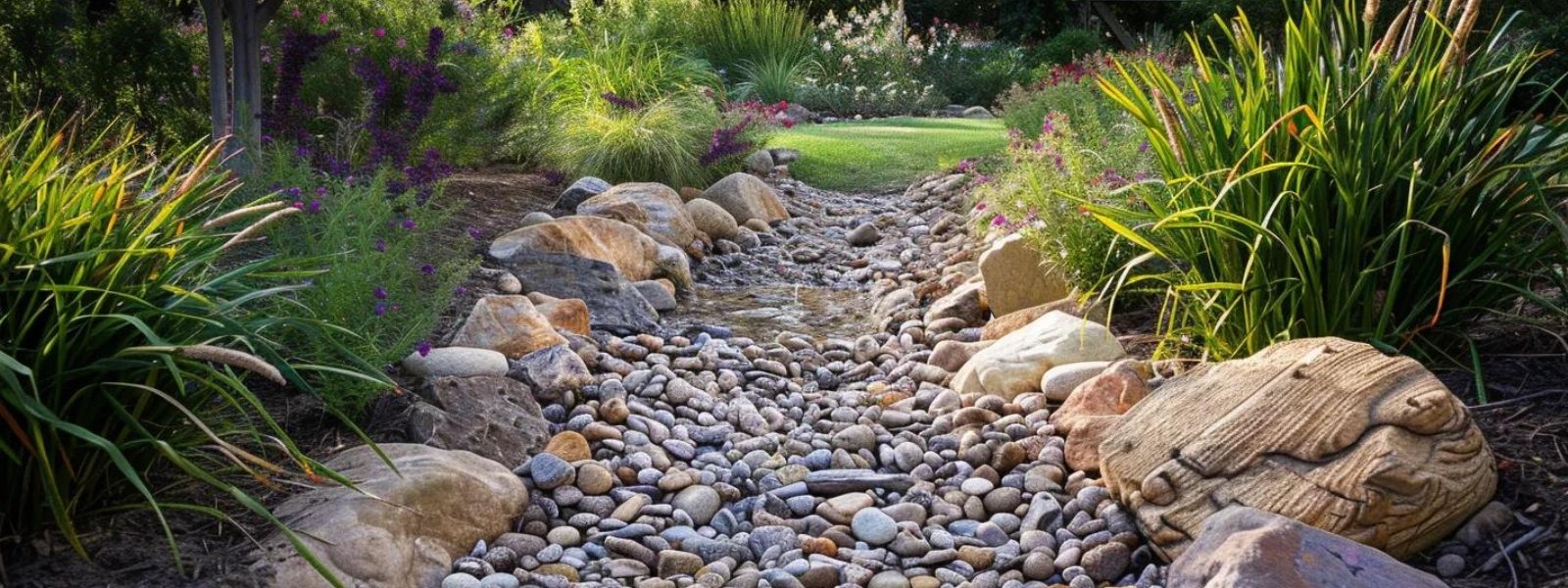 Dry creek bed with smooth stones and decorative boulders, surrounded by lush green plants and colorful flowers, enhancing landscape drainage aesthetics.