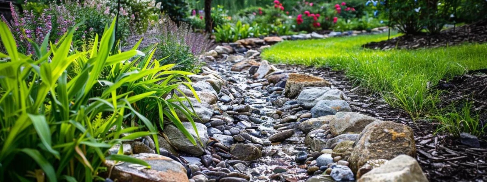 Dry creek bed with rocks and stones, surrounded by green plants and flowers, illustrating a natural water drainage solution for landscaping.