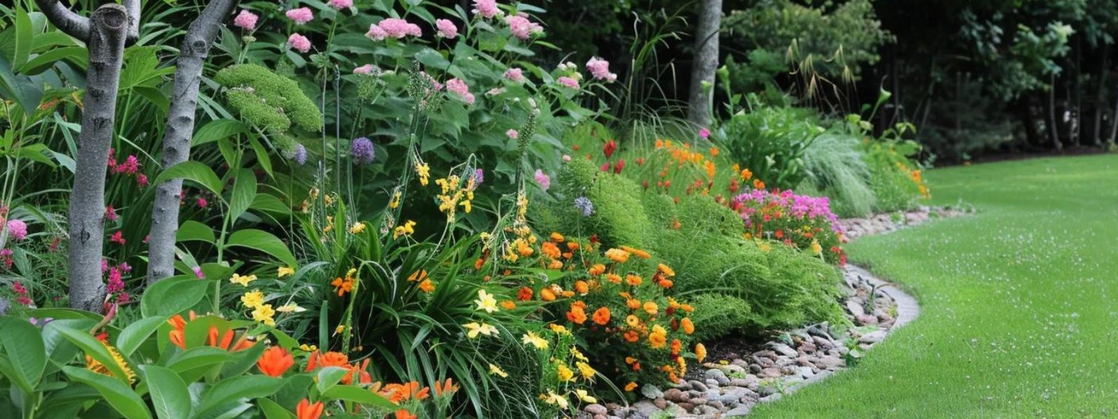 Colorful flower bed with various blooming plants, including pink roses, orange marigolds, and yellow daylilies, bordered by a stone edging, enhancing landscaping appeal and preventing grass invasion.