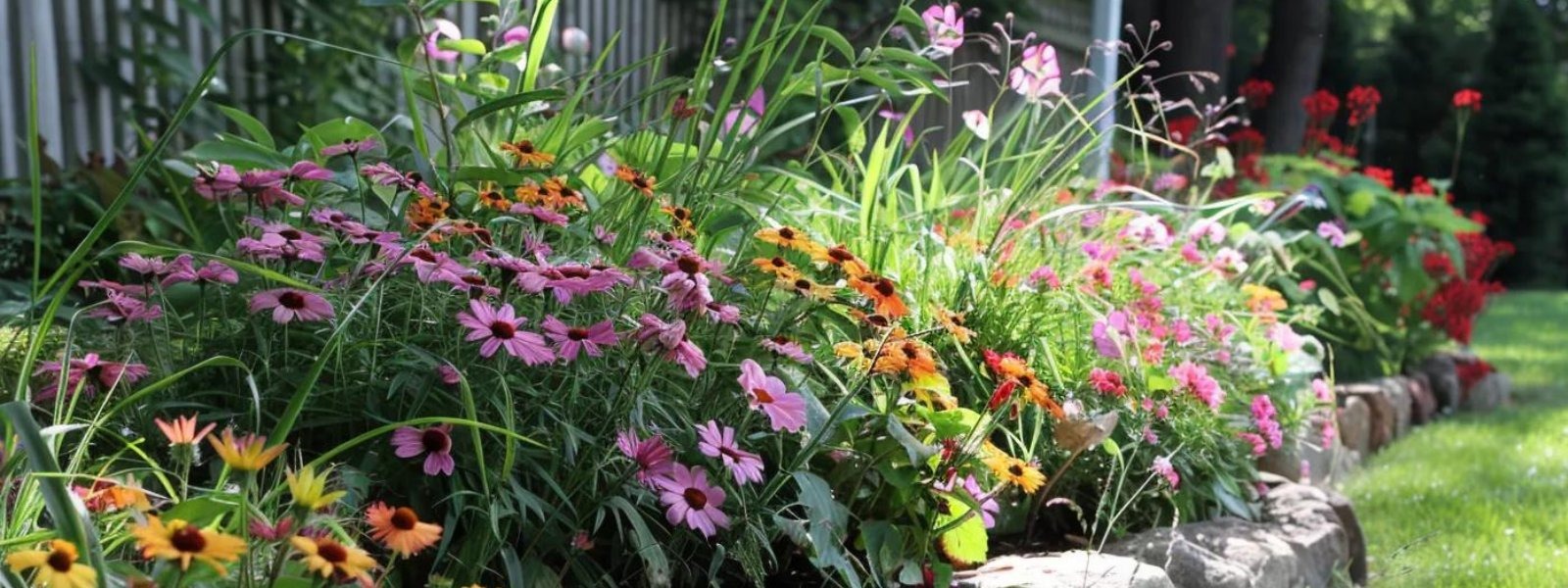 Flower bed with vibrant pink, orange, and yellow flowers, showcasing healthy blooms and lush green foliage, emphasizing the importance of edging for maintaining clear boundaries and reducing weed invasion.