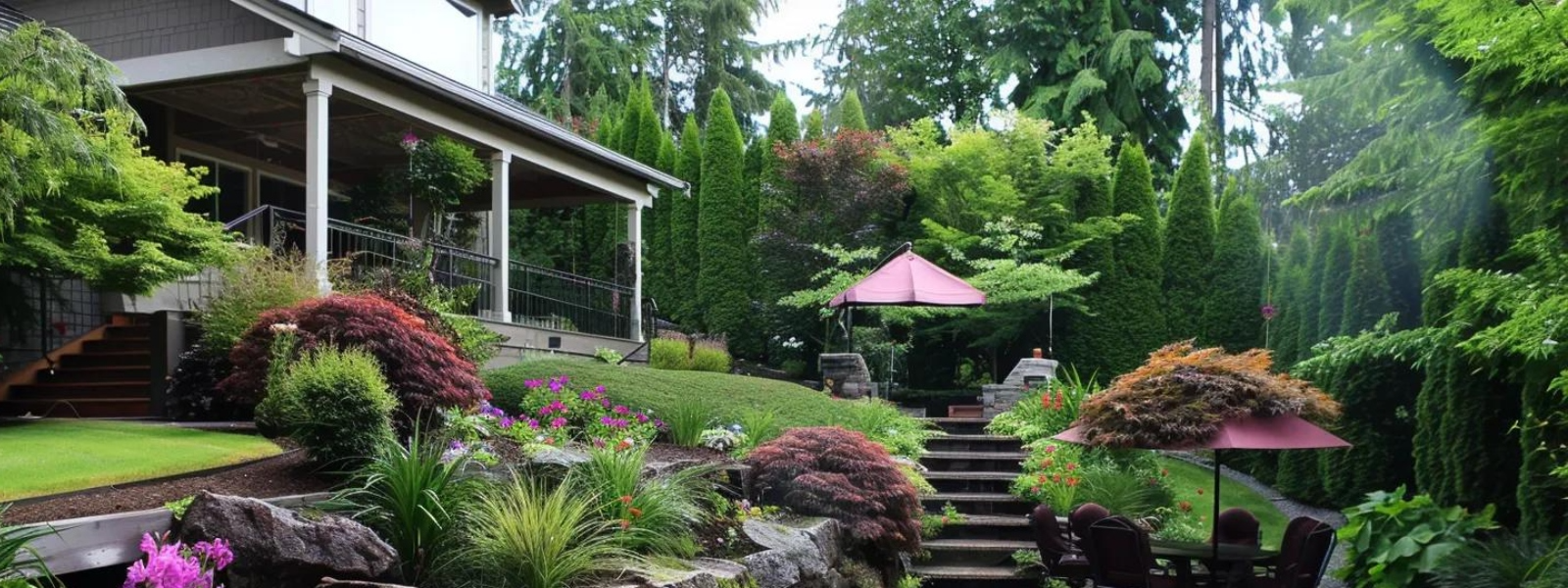 Lush landscaped backyard featuring tiered garden beds, ornamental shrubs, and a shaded seating area under a maroon umbrella, emphasizing professional landscaping design principles.