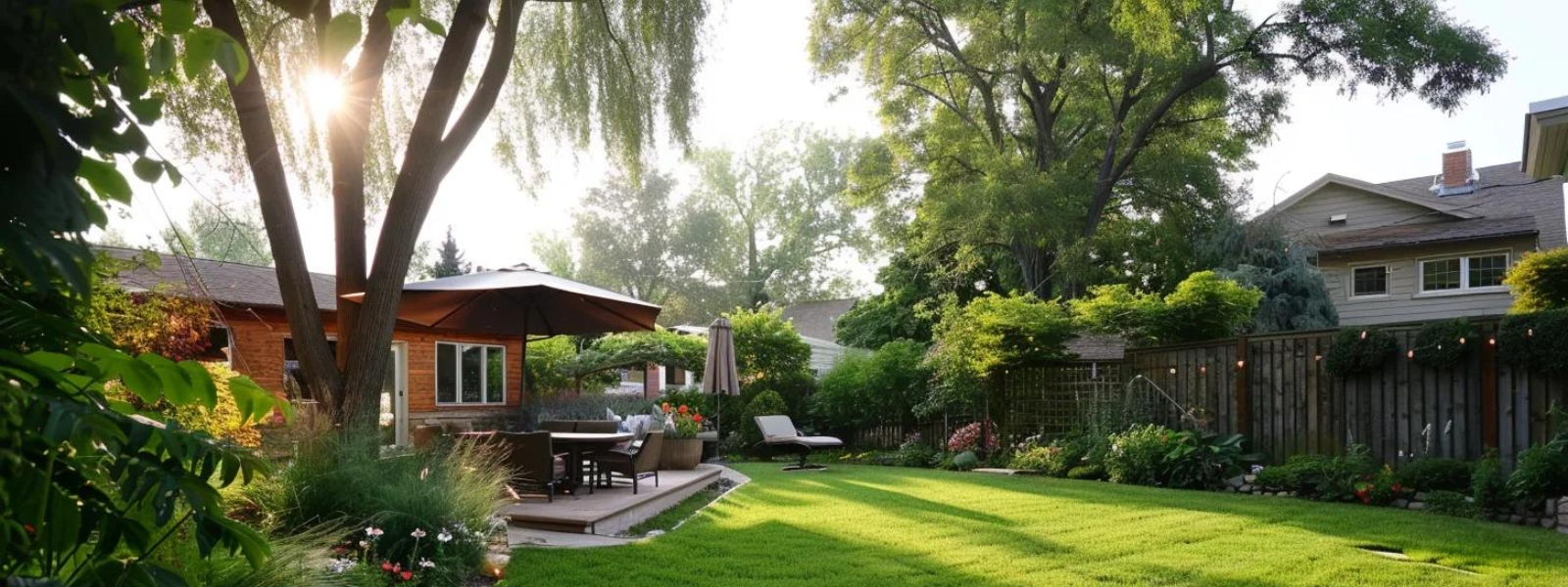 Backyard landscape featuring a wooden deck with seating, large umbrella, and lush green lawn, surrounded by diverse plants and trees, emphasizing professional landscaping for enhanced outdoor appeal and property value.