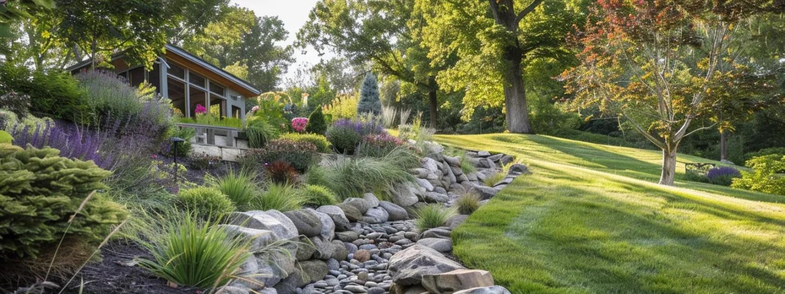 Lush landscaped slope featuring diverse plants, including grasses and flowering perennials, with a stone drainage feature, illustrating effective erosion control techniques for sloped yards.