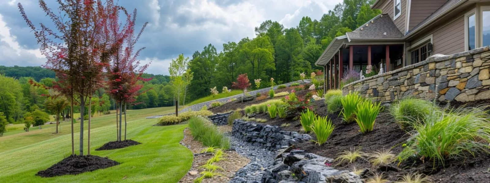 Landscaped sloped yard featuring ornamental trees, lush greenery, and stone retaining wall, illustrating effective erosion control strategies for residential landscaping.