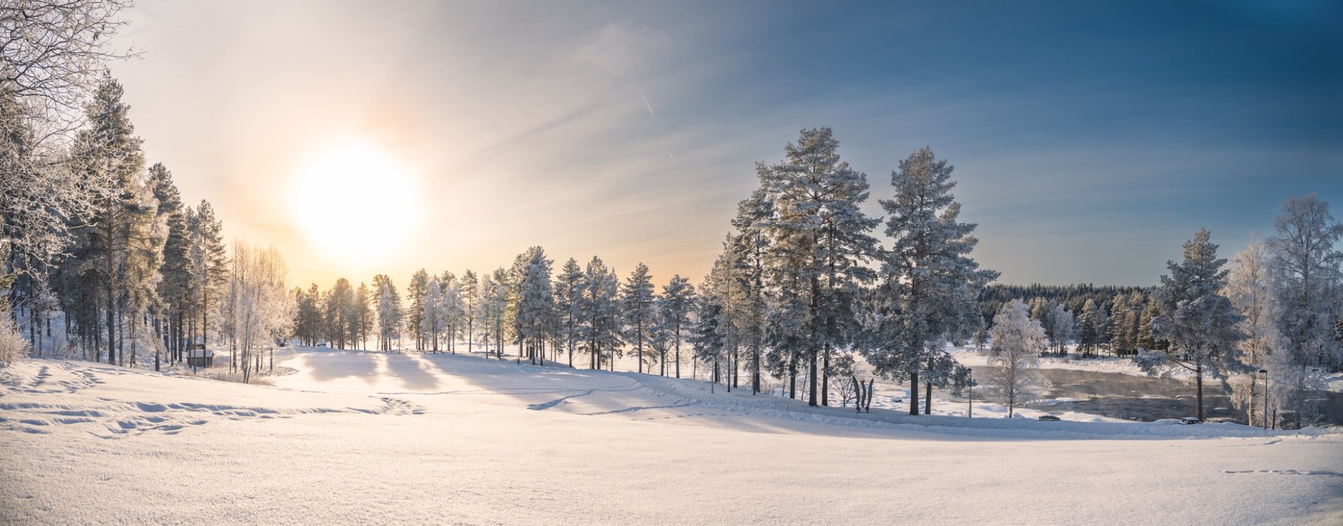 Winter landscape with snow-covered trees and a frozen river in Lapland.