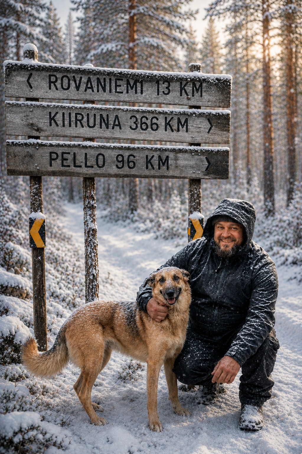 Paul, local guide in Finnish Lapland, with a dog in the forest near Rovaniemi.