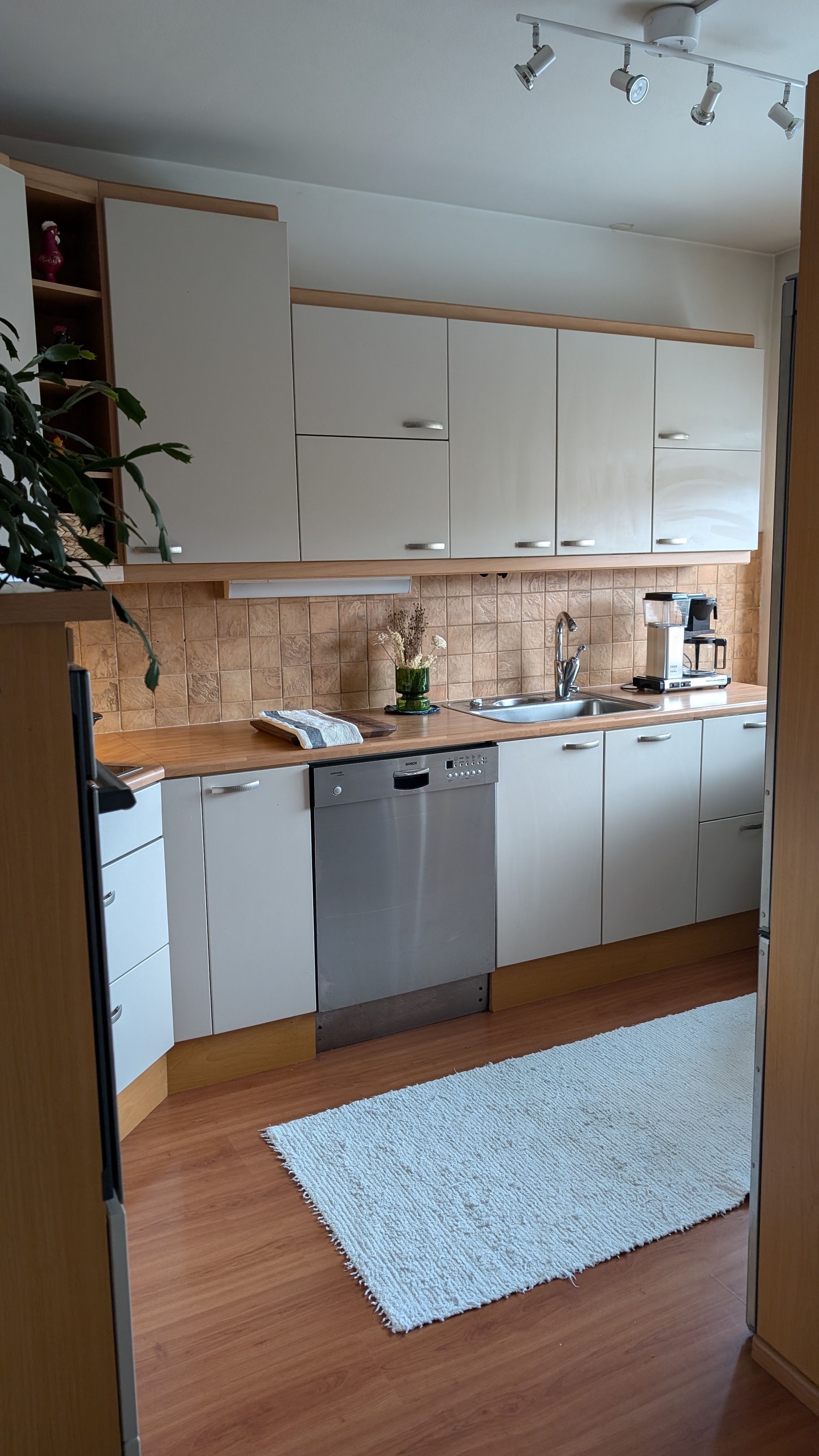 Kitchen with white rug in a city apartment in Rovaniemi, Finland