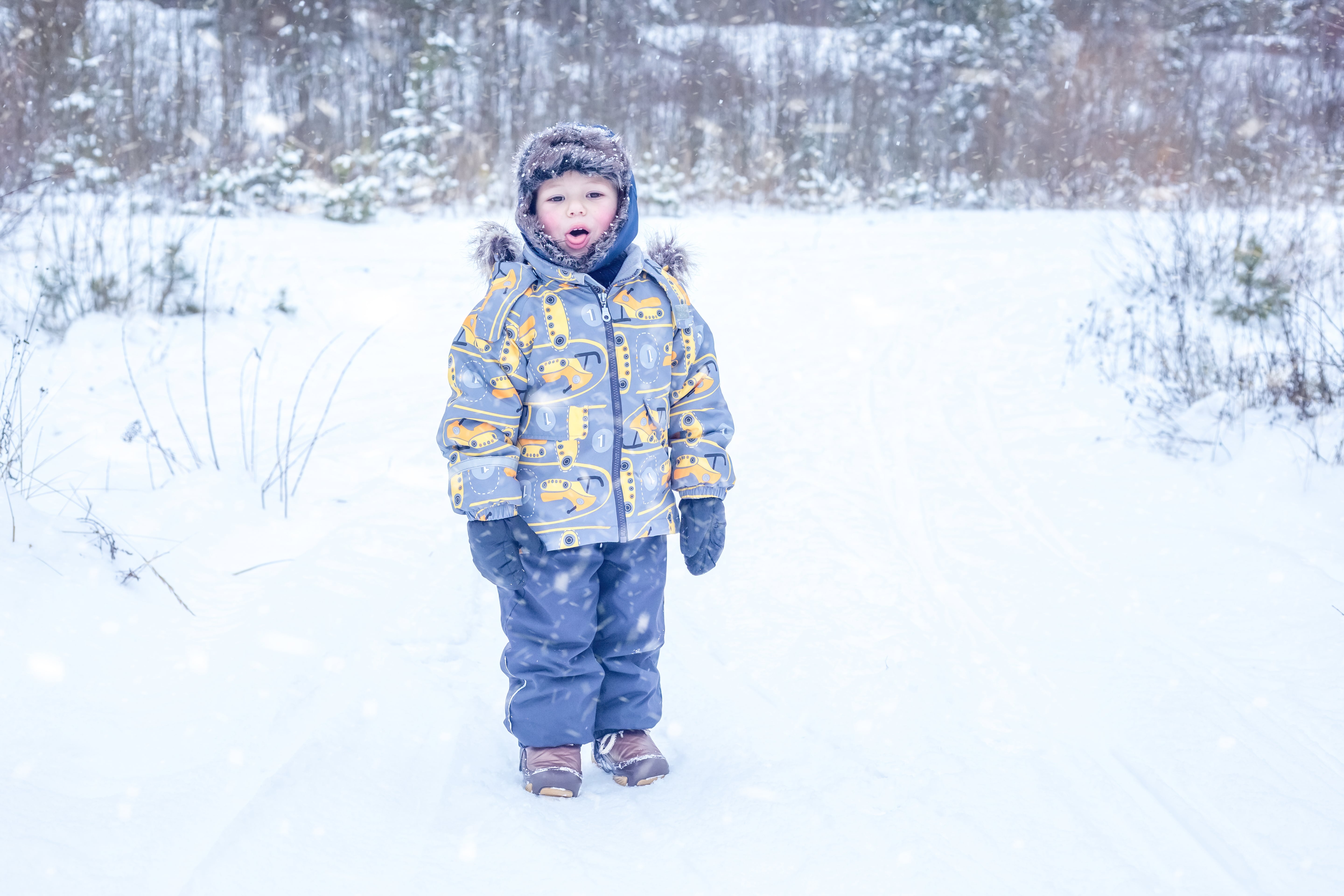 Boy in warm winter clothes standing in the middle of a snowy forest in Lapland.