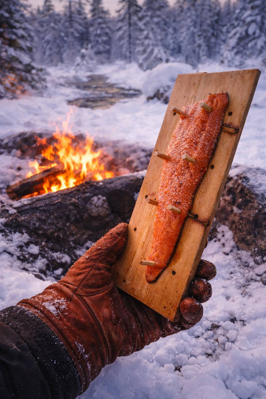 Traditional Finnish loimulohi salmon cooking beside an open fire in the snowy Lapland wilderness.