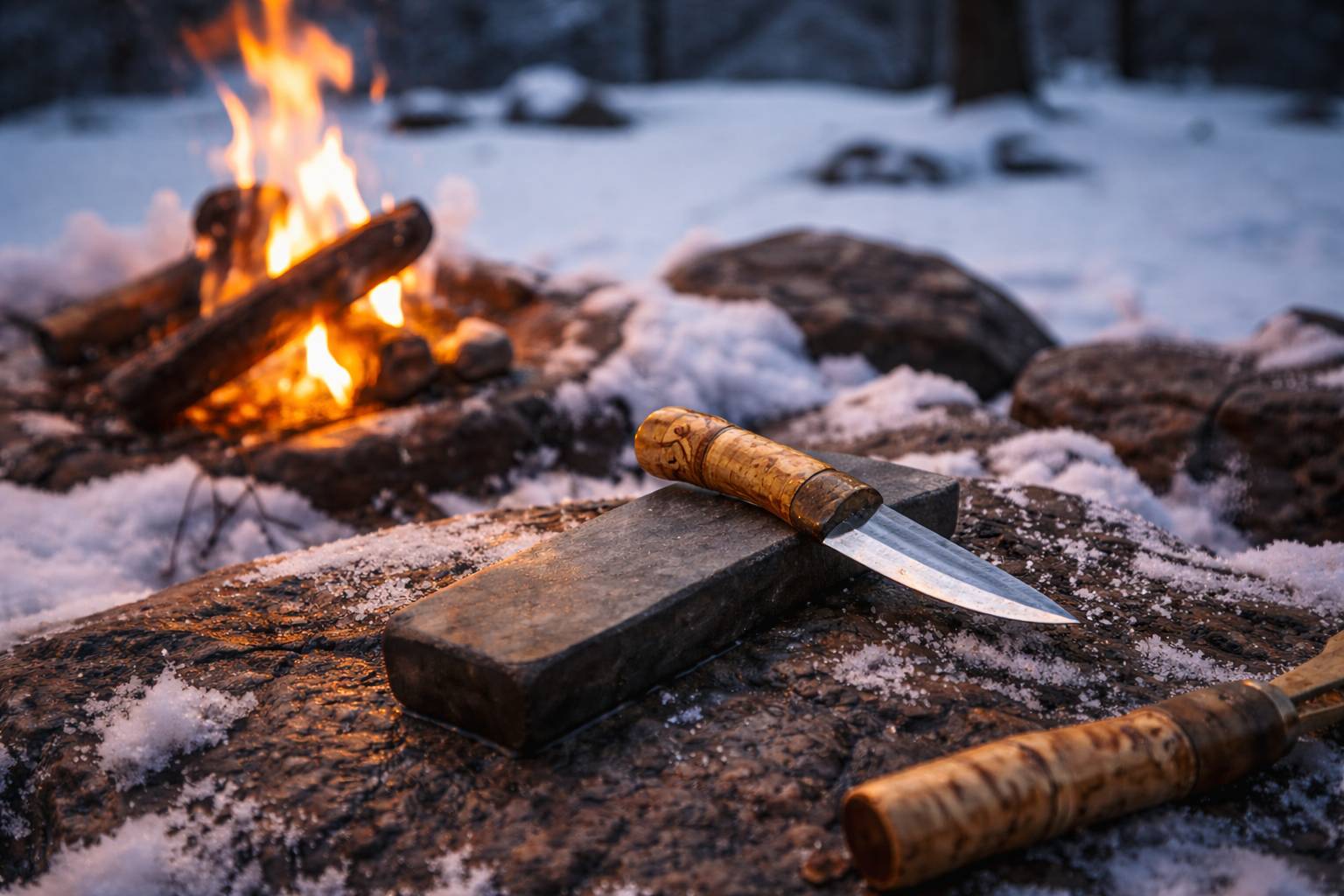 Traditional Finnish puukko knife and sharpening stone beside a campfire in the Lapland wilderness.