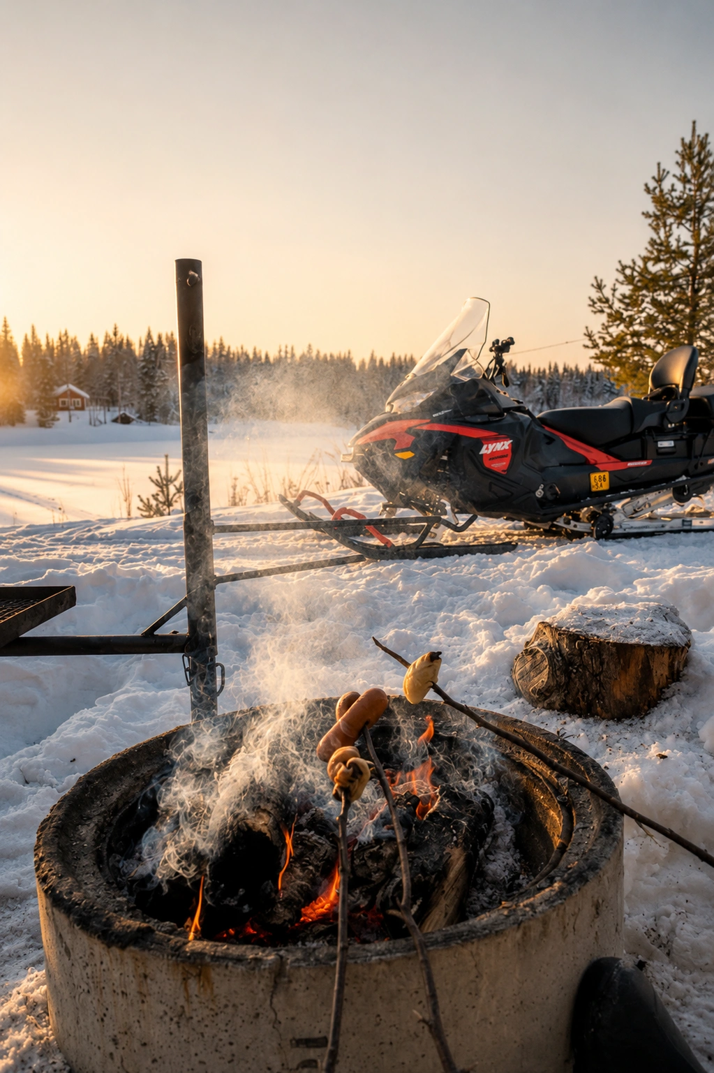 Traditional campfire lunch beside a snowmobile in Porokari, Finnish Lapland, during a private local wilderness experience.