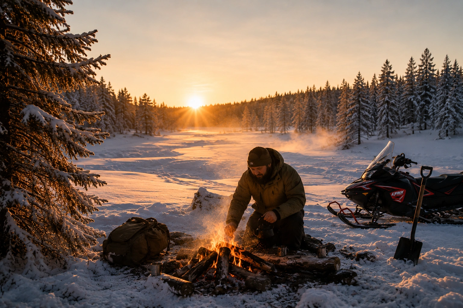 Local Lapland guide preparing a campfire beside a snowmobile during a private Arctic wilderness da