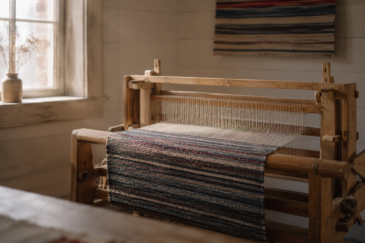 Traditional wooden loom used for weaving Finnish räsymatto rugs at the Old School in Porokari, Finnish Lapland.